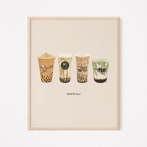 May include: Four different bubble tea drinks in clear cups with colorful toppings and text on the cups. The text on the cups reads "Brown Sugar Boba", "Boba Guys", "Just Tea", and "Tea". The text below the cups reads "/buh-bl tee/"