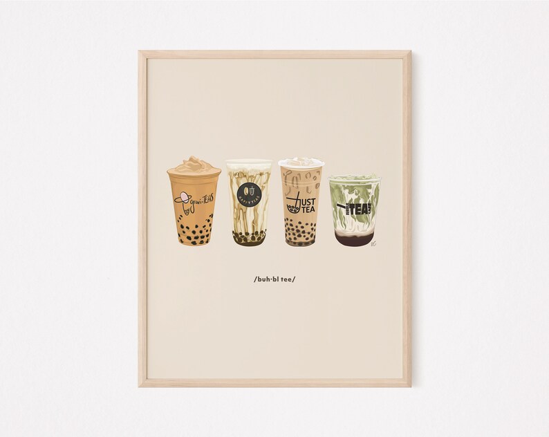 May include: Four different bubble tea drinks in clear cups with colorful toppings and text on the cups. The text on the cups reads "Brown Sugar Boba", "Boba Guys", "Just Tea", and "Tea". The text below the cups reads "/buh-bl tee/"
