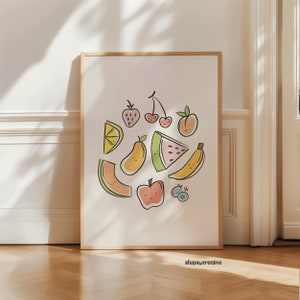 Affiche de fruits heureux | Fruits adorables | Décoration d&#39;intérieur douce | Oeuvre d&#39;art de cuisine | Illustration colorée | Fruits mignons | Heureux | Sourire | Nourriture mignonne