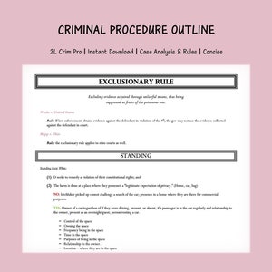 May include: A black and white outline of a legal document with the title "Criminal Procedure Outline" and the text "Exclusionary Rule" and "Standing". The document includes legal terms and definitions related to criminal procedure.