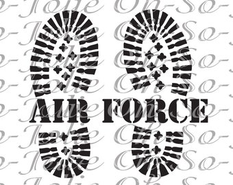 May include: Black and white image of two boot prints with the text "AIR FORCE" in between. The background is a white pattern.