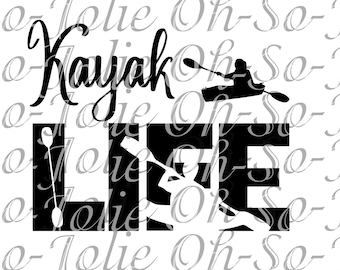 May include: Black and white graphic design with the text "Kayak Life". The graphic includes a person kayaking and a paddle.