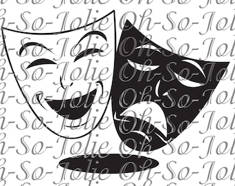 May include: Black and white illustration of two theatrical masks. The mask on the left is smiling and the mask on the right is frowning.