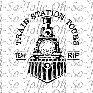 May include: Black and white illustration of a train engine with the text "Train Station Tours" and "Team RIP" on either side of the engine.