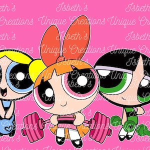 Puede incluir: Gráfico rosa con tres personajes de dibujos animados sosteniendo pesas. Los personajes son al estilo de las Supernenas, con una rubia, una pelirroja y una con pelo negro. El texto "Isbeth's Unique Creations" se repite.