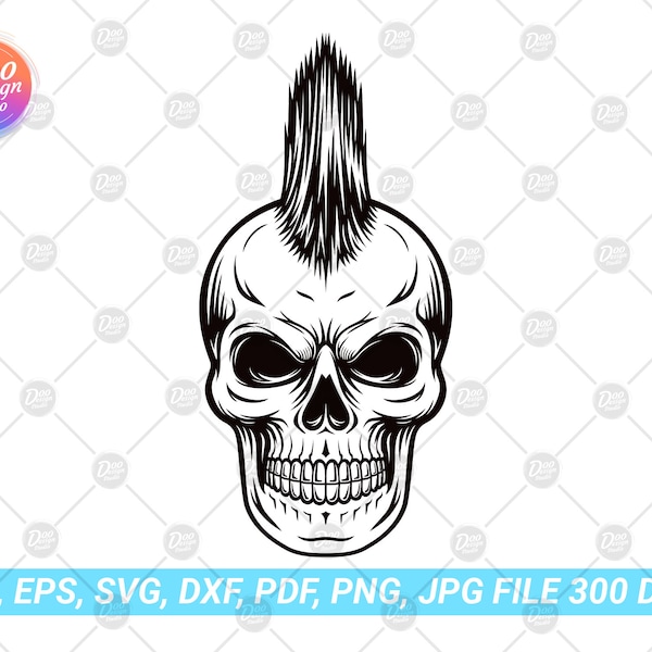 Mohawk Skull Svg, Skull Svg, Skeleton Svg, Skull Clipart, Skull Clip Art, Skull Png, Skull Head Svg, Horror Svg, Grunge Svg, Spooky Svg