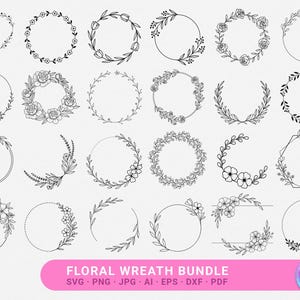 以下が含まれることがあります： 円やハートなど、様々な形の白黒の花輪のデザイン集。花輪には、花や葉の詳細なイラストが描かれており、デジタルデザインプロジェクトに最適です。画像には「FLORAL WREATH BUNDLE」というテキストが含まれています。