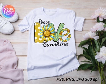 Könnte beinhalten: Weißes T-Shirt mit einem Grafikdesign des Wortes "Love", das aus Sonnenblumen und dem Text "Peace Sunshine" besteht.
