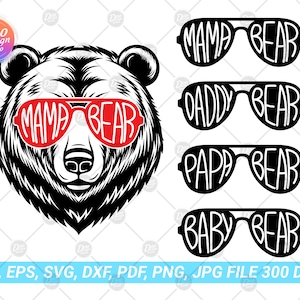 Maman ours Svg, Papa ours SVG, papa ours SVG, bébé ours SVG, Papa ours avec des lunettes de soleil, ours avec des lunettes de soleil, Papa ours coupe fichier