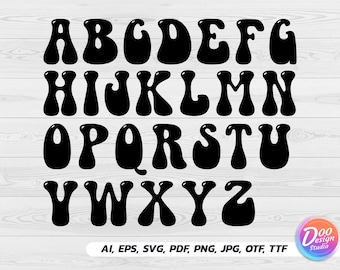 Könnte beinhalten: Eine Retro-Schriftart in Schwarz mit abgerundeten Kanten. Die Buchstaben sind in Großbuchstaben und in alphabetischer Reihenfolge angeordnet. Die Schriftart ist im Groovy-Stil gehalten und erinnert an die 1960er und 1970er Jahre.