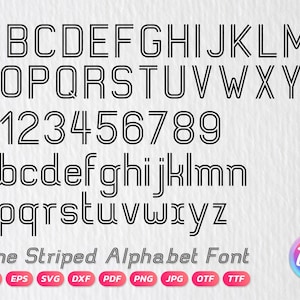 May include: A black and white line striped alphabet font, including uppercase and lowercase letters, and numbers. The font is displayed on a white background with the text "Line Striped Alphabet Font" below. File formats are listed.