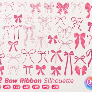 Puede incluir: Una colección de 42 siluetas de lazos y cintas rosas en varios estilos, incluyendo diseños sólidos, punteados y delineados. La imagen incluye el texto "42 Bow Ribbon Silhouette" e iconos de tipo de archivo.