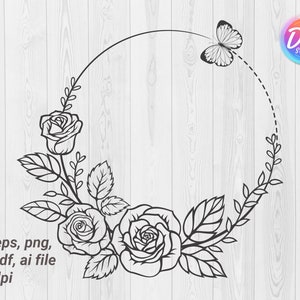 rose svg, butterfly svg, rose butterfly svg, flower svg, rose png, rose cut file, Monogram Frame, butterfly wreath svg, butterfly flower svg
