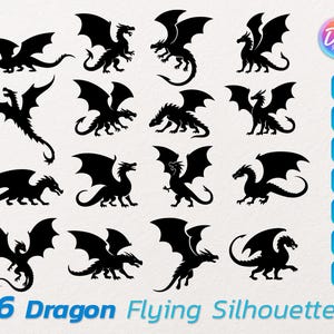 Dragon Silhouette SVG Bundle, Flying Dragon Clipart, Fantasy Creature, Cricut Cut File, Tattoo, Printable, Digital Download