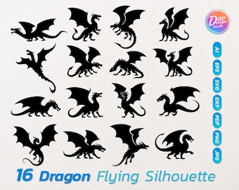 Dragon Silhouette SVG Bundle, Flying Dragon Clipart, Fantasy Creature, Cricut Cut File, Tattoo, Printable, Digital Download