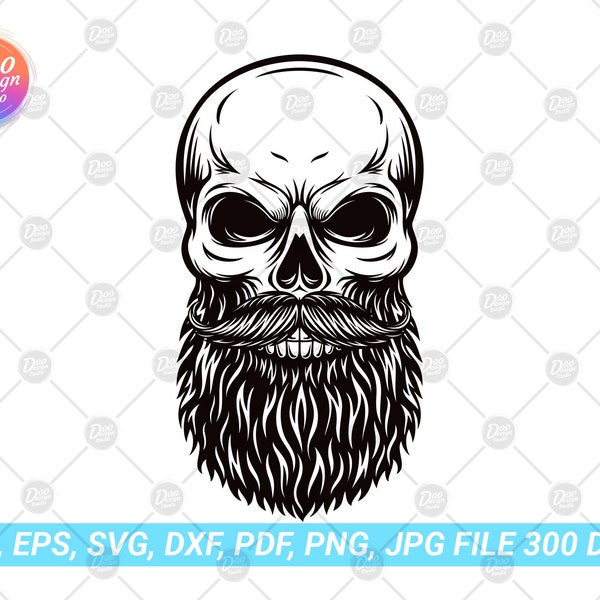 Bearded Skull, Skull Svg, Skull Clipart, Bearded Man Skull Svg, Bearded Skull Svg, Skull Clip Art, Sugar Skull, Skull Silhouette