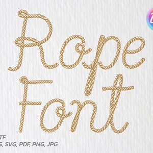 May include: Rope font design with the words "Rope Font" in a stylized rope design. The font is available in OTF, TTF, AI, EPS, SVG, PDF, PNG, and JPG formats.