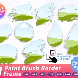 Puede incluir: Imagen que muestra 21 marcos de borde de pinceladas en varias formas, incluyendo corazones y círculos. Cada marco presenta un cielo azul claro y un diseño de paisaje verde. El texto "21 Paint Brush Border Frame" y "Canva Template Edit" está incluido.
