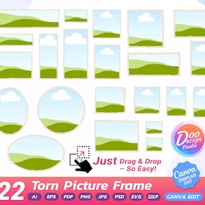 Puede incluir: Un conjunto de 22 marcos de fotos rasgados en varias formas, incluyendo rectángulos, cuadrados y óvalos. Cada marco presenta un paisaje con colinas verdes, un cielo azul y una nube blanca. También incluye el texto "Just Drag & Drop - So Easy!"