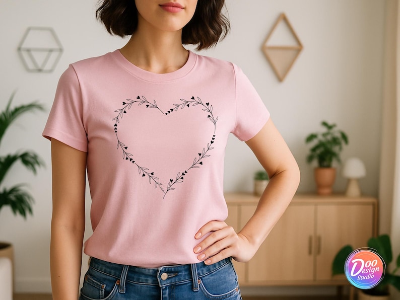 May include: A light pink t-shirt featuring a black heart-shaped design made of leaves and small hearts. The short-sleeved shirt is made of soft material and is suitable for casual wear. The design is centered on the chest.