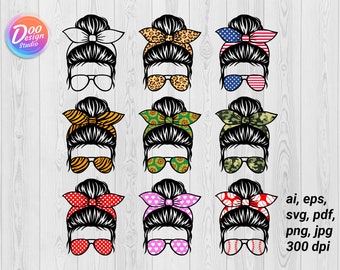 Mom Life Messy Bun SVG, Sunglasses, Bandana (Digital Download)