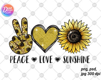 Könnte beinhalten: Friedens-, Liebes- und Sonnenlicht-Grafik mit einem Peace-Zeichen, einem Herzen und einer Sonnenblume. Das Peace-Zeichen ist mit einem Leopardenmuster und Sonnenblumen verziert. Das Herz ist goldfarben glitzernd. Die Sonnenblume ist gelb mit einer schwarzen Mitte.