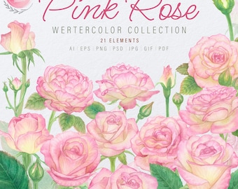 Watercolor Rose,Roses Clipart Bundle,Pink Rose Clipart PNG,Floral Frame PNG,Rose Border PNG,Wedding Clipart,Wedding Invite Clipart