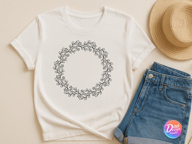 May include: White t-shirt featuring a black floral wreath design. The wreath is composed of leaves and small berries, forming a circular shape. A straw hat and denim shorts are also visible.