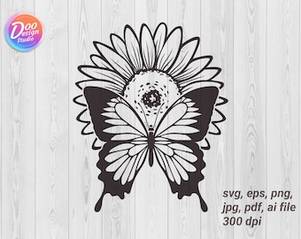 Girasol y mariposa SVG, archivo de corte floral (descarga digital)