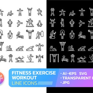 May include: A set of 48 black and white line icons depicting various fitness exercises. The icons are arranged in rows and columns on a white background. The text "FITNESS EXERCISE WORKOUT LINE ICONS" is displayed below the icons.