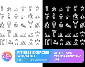 Fitness Exercise Workout Line Icons, Fitness Exercise Icon Svg, Workout Gym PNG, Workout Clipart, Fitness SVG, Sublimation print file Svg