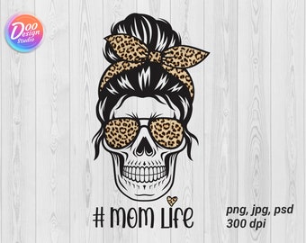Leopard Mom Skull Messy Bun PNG, Mom Life Skeleton (Digital Download)