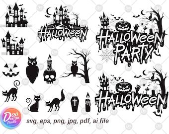 May include: Black and white Halloween clip art set featuring a haunted house, bats, owls, cats, pumpkins, candles, and the text "Halloween Party".