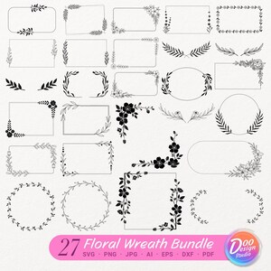 Può includere: Una collezione di 27 disegni di ghirlande floreali in bianco e nero. I disegni includono cornici rettangolari, ovali e circolari con vari accenti floreali e di foglie. L'immagine include anche il testo "27 Floral Wreath Bundle" e icone di tipo di file.
