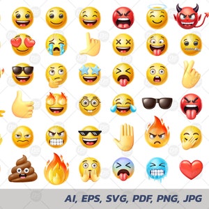 Puede incluir: Un conjunto de 40 iconos emoji coloridos con diversas expresiones, incluyendo feliz, triste, enojado, sorprendido, y más. Los iconos son de estilo de dibujos animados y son perfectos para usar en la comunicación digital.