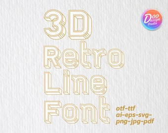 May include: 3D Retro Line Font, a digital font with a retro style, in a white outline on a textured beige background. The text includes the words "3D Retro Line Font" and the file types "otf-ttf ai-eps-svg- png-jpg-pdf".
