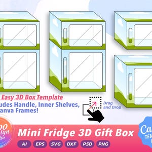 Può includere: Illustrazione digitale di confezioni regalo per mini frigoriferi. Le scatole sono azzurre con un design paesaggistico verde e finestre trasparenti. Il testo sull'immagine recita "Fun & Easy 3D Box Template" e "Mini Fridge 3D Gift Box".