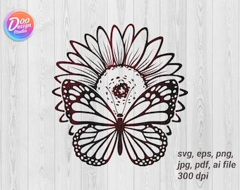 Girasol y mariposa SVG, archivo de corte floral, Cricut, Silhouette (descarga digital)