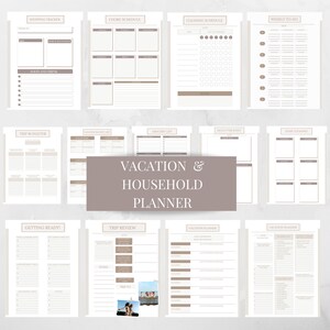 May include: A printable vacation and household planner with pages for shopping, chores, cleaning, weekly to-do lists, trip budgeting, grocery lists, decluttering, home cleaning, getting ready, trip review, and vacation planning.