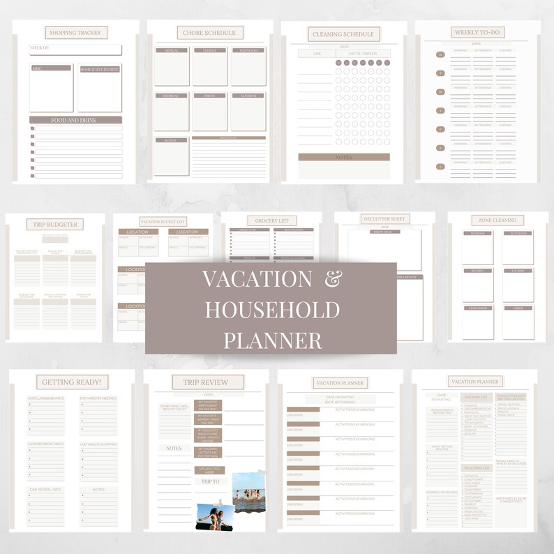May include: A printable vacation and household planner with pages for shopping, chores, cleaning, weekly to-do lists, trip budgeting, grocery lists, decluttering, home cleaning, getting ready, trip review, and vacation planning.