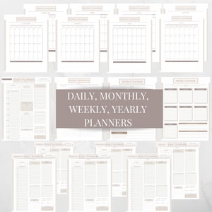 May include: A set of printable planners in black and white with a brown accent color. The planners include daily, weekly, monthly, and yearly options. The text "DAILY, MONTHLY, WEEKLY, YEARLY PLANNERS" is displayed in a brown rectangle.