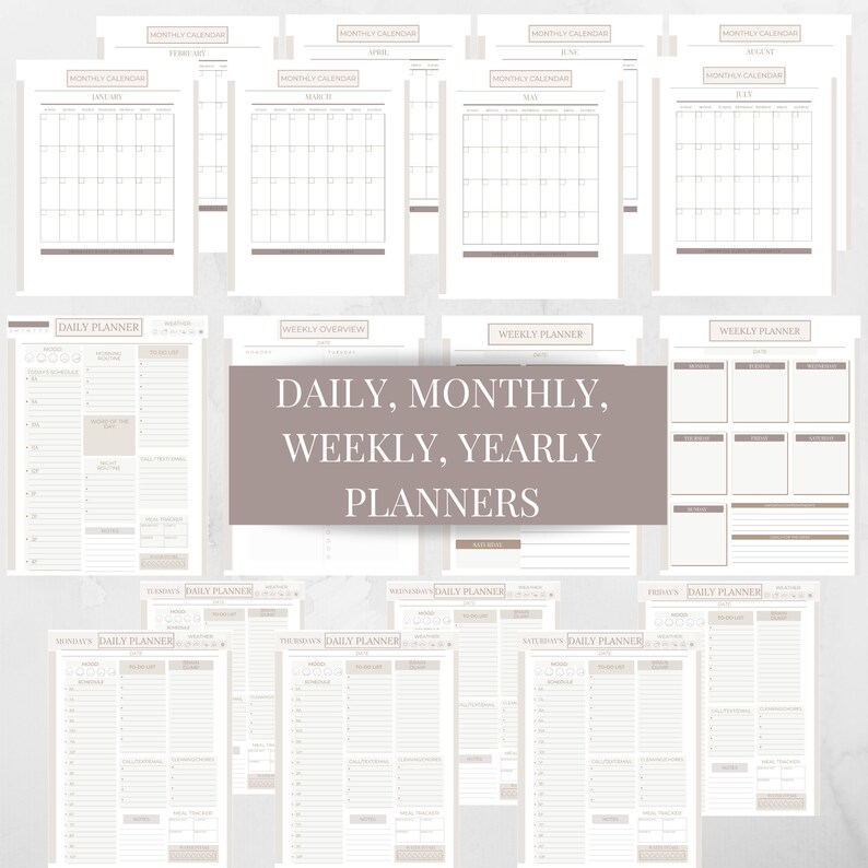 May include: A set of printable planners in black and white with a brown accent color. The planners include daily, weekly, monthly, and yearly options. The text "DAILY, MONTHLY, WEEKLY, YEARLY PLANNERS" is displayed in a brown rectangle.