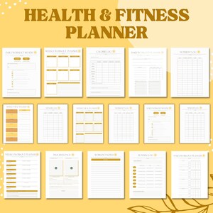 Puede incluir: Un planificador de salud y fitness imprimible con p&aacute;ginas para revisiones diarias de entrenamiento, planificadores de entrenamiento semanales, registros de calor&iacute;as, planificadores de entrenamiento diarios, registros de nutrientes, planificadores de comidas semanales, registros de vitaminas, registros de entrenamiento, revisiones diarias de entrenamiento, p&aacute;ginas de progreso, notas de entrenamiento, registros de carrera y planificadores de entrenamiento diarios. Las p&aacute;ginas est&aacute;n decoradas con un sol y acentos dorados.