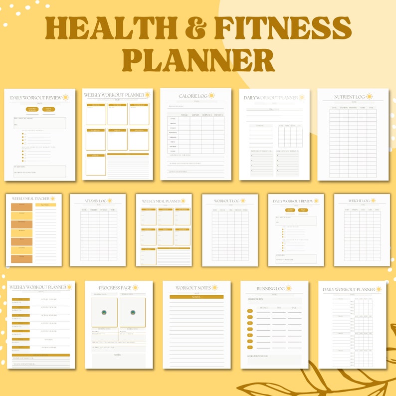 Puede incluir: Un planificador de salud y fitness imprimible con p&aacute;ginas para revisiones diarias de entrenamiento, planificadores de entrenamiento semanales, registros de calor&iacute;as, planificadores de entrenamiento diarios, registros de nutrientes, planificadores de comidas semanales, registros de vitaminas, registros de entrenamiento, revisiones diarias de entrenamiento, p&aacute;ginas de progreso, notas de entrenamiento, registros de carrera y planificadores de entrenamiento diarios. Las p&aacute;ginas est&aacute;n decoradas con un sol y acentos dorados.