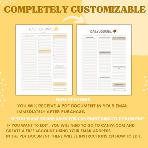 Puede incluir: Una plantilla de diario diario imprimible con un icono de sol amarillo. La plantilla incluye secciones para volcado de cerebro, objetivos principales, afirmaciones diarias, revisi&oacute;n del d&iacute;a, expectativas y gratitud. El texto "COMPLETELY CUSTOMIZABLE" est&aacute; en la parte superior de la imagen.