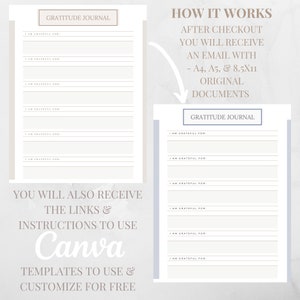 May include: A digital printable gratitude journal template with instructions on how to use Canva to customize it for free. The template includes the text "I am grateful for" and lines for writing.