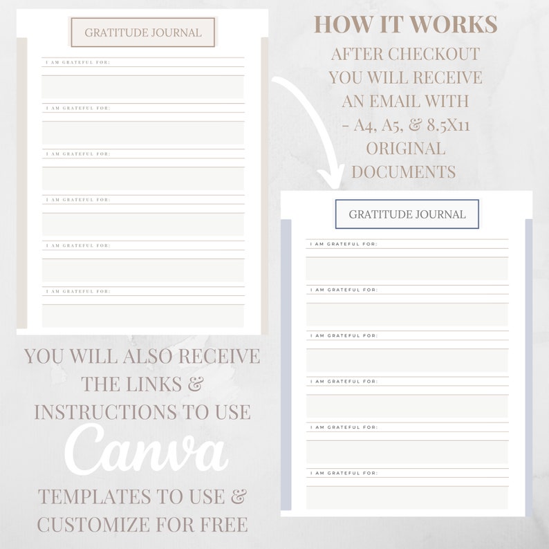 May include: A digital printable gratitude journal template with instructions on how to use Canva to customize it for free. The template includes the text "I am grateful for" and lines for writing.