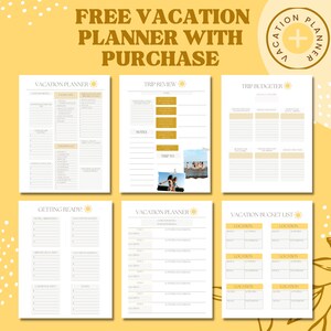 Puede incluir: Un planificador de vacaciones imprimible con un esquema de color amarillo y blanco. El planificador incluye secciones para la revisi&oacute;n del viaje, el presupuesto del viaje, la preparaci&oacute;n, el planificador de vacaciones y la lista de deseos de vacaciones.