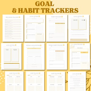 Puede incluir: Un conjunto de rastreadores de objetivos y h&aacute;bitos imprimibles con un esquema de color amarillo y blanco. Los rastreadores incluyen secciones para objetivos semanales, objetivos mensuales, seguimiento de h&aacute;bitos y revisiones de objetivos. Cada p&aacute;gina presenta un gr&aacute;fico de sol.