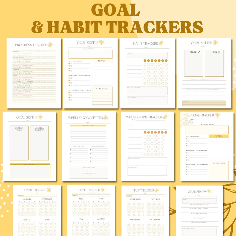Puede incluir: Un conjunto de rastreadores de objetivos y h&aacute;bitos imprimibles con un esquema de color amarillo y blanco. Los rastreadores incluyen secciones para objetivos semanales, objetivos mensuales, seguimiento de h&aacute;bitos y revisiones de objetivos. Cada p&aacute;gina presenta un gr&aacute;fico de sol.